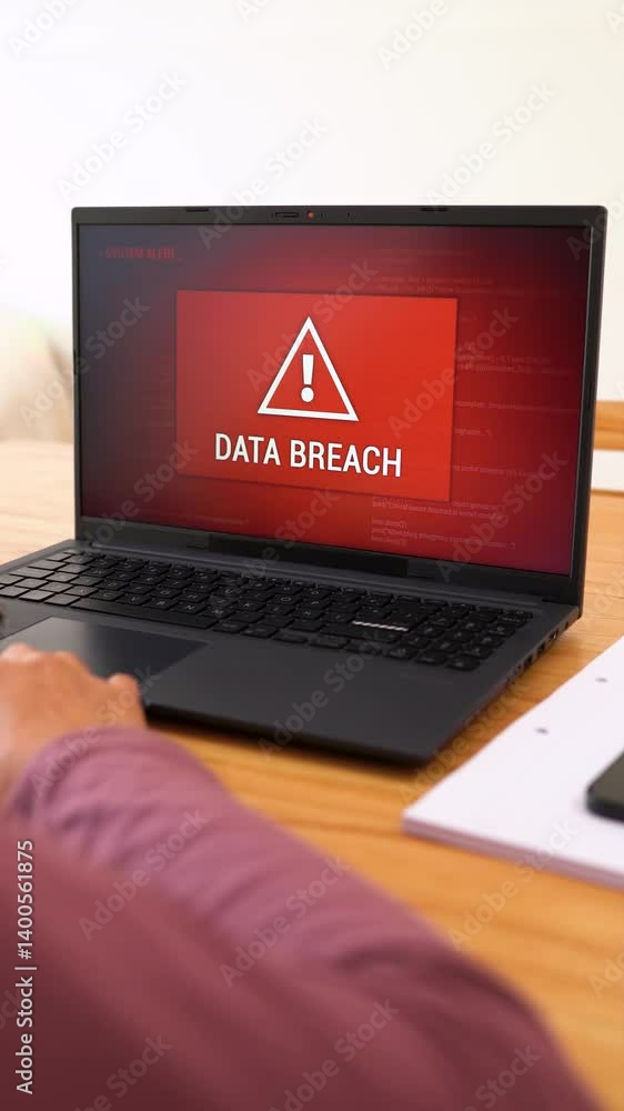 Aufkleber vertical view of a data breach red screen on a computer laptop. zoom out shot