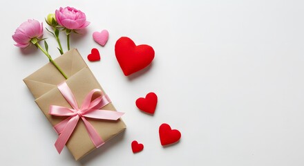 A romantic arrangement featuring a beautifully wrapped present adorned with a delicate pink bow, accompanied by vibrant pink flowers and an array of heart-shaped decorations.