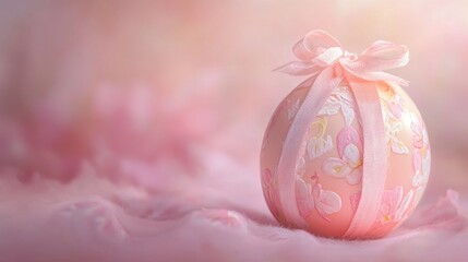 Decorated Easter Egg with Pink Ribbon on Soft Pink Background