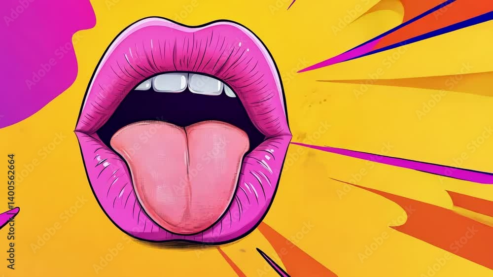 Poster sensual open mouth with glossy pink lips is sticking out tongue on a vibrant yellow and pink pop art
