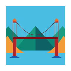 Colorful Flat Design of a Suspension Bridge Over a Mountainous Landscape