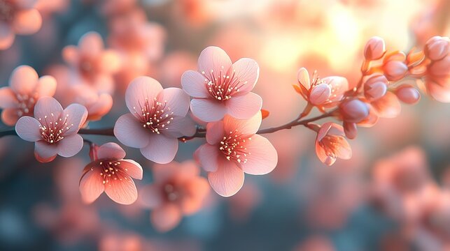 Delicate pink blossoms on a branch with soft glowing background, nature beauty