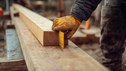 Construction worker measuring a wooden beam for cutting. Featuring accuracy and planning