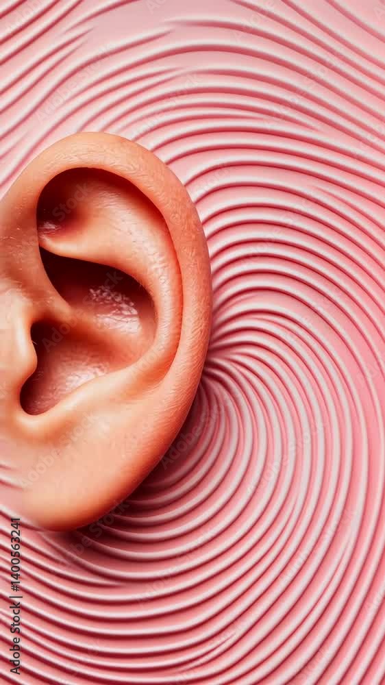 Poster Rotating realistic human ear depicting auditory anatomy on pink background with concentric lines, representing sound wave patterns and hearing related visual concepts