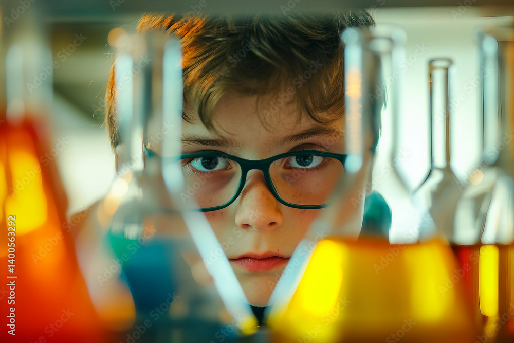 Poster curious young scientist examining laboratory glassware in a scientific experiment setting generative