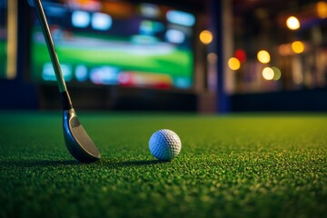 Indoor golf entertainment.  A golf club and ball on a synthetic putting green, in front of a large screen displaying golf action