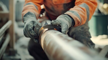 Construction worker measuring and cutting a metal pipe. Featuring precision and craftsmanship