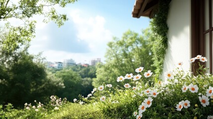 Fototapeta premium Peaceful Garden Scene with Vibrant Flowers and Lush Greenery near a Cozy House Interior