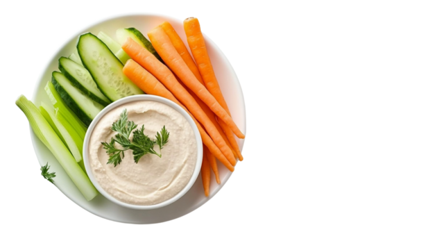 Fresh vegetables and hummus on a plate with a transparent background