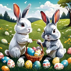 Vector picture with cute rabbits and painted eggs on the meadow.