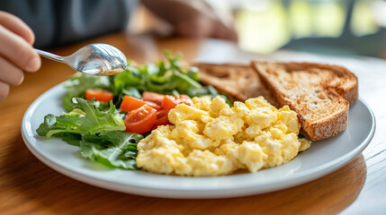 Hand holding a spoon over a breakfast plate with eggs, salad, and toast  