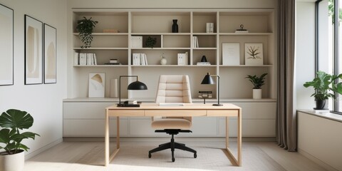 Fototapeta premium Modern Home Office with Desk, Chair, Bookshelves and Natural Light