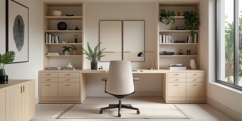 Well-designed Home Office Setup with Desk and Built-in Shelving System