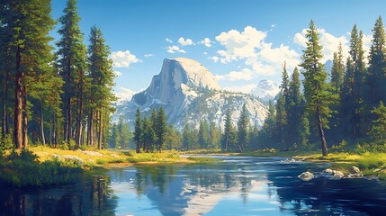Hyper-realistic oil painting of Half Dome in Yosemite National Park, towering above a dense pine forest, a crystal-clear river reflecting its massive silhouette,