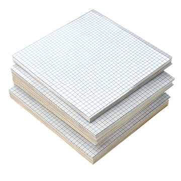 Stack of square grid paper sheets for notes, memo cards, or office stationery item on transparent background