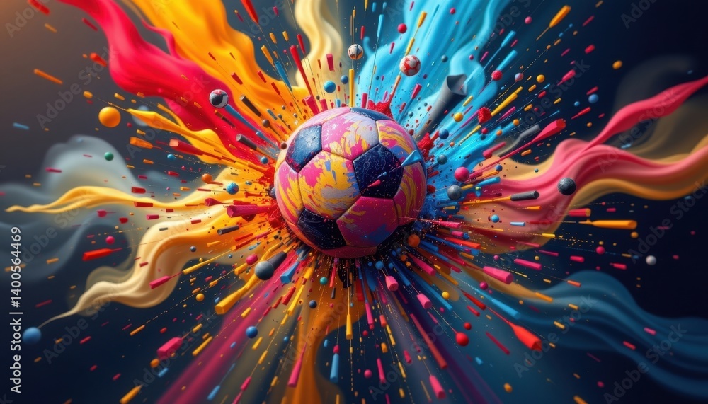 Poster an imaginative representation of a football amidst a destructive explosion of color and energy, emph