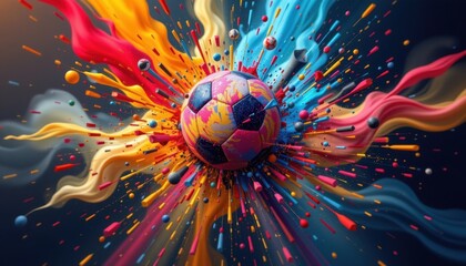 An imaginative representation of a football amidst a destructive explosion of color and energy, emphasizing motion.