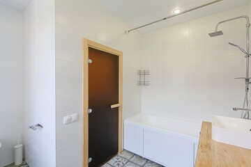 interior apartment room bathroom, sink, decorative elements, toilet