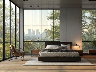 Modern Minimalist Loft Bedroom with Large Windows and Scandinavian Design