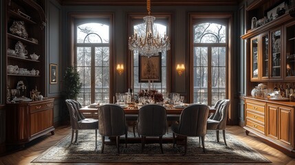 Fototapeta premium Elegant Dining Room with Crystal Chandelier and Large Windows