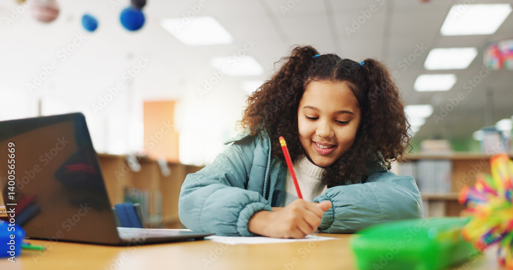 Poster Child, girl and writing with laptop for exam, e learning or online class for knowledge. Virtual school, development and student on technology for project activity on teaching platform in library