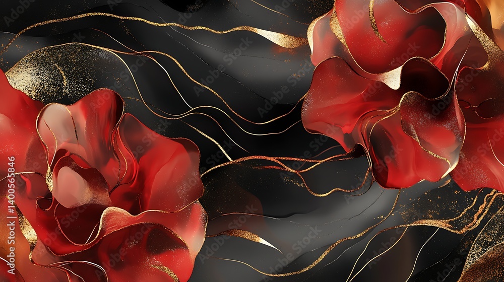 Poster abstract floral pattern featuring vibrant red roses against a dark background, intertwined with flow