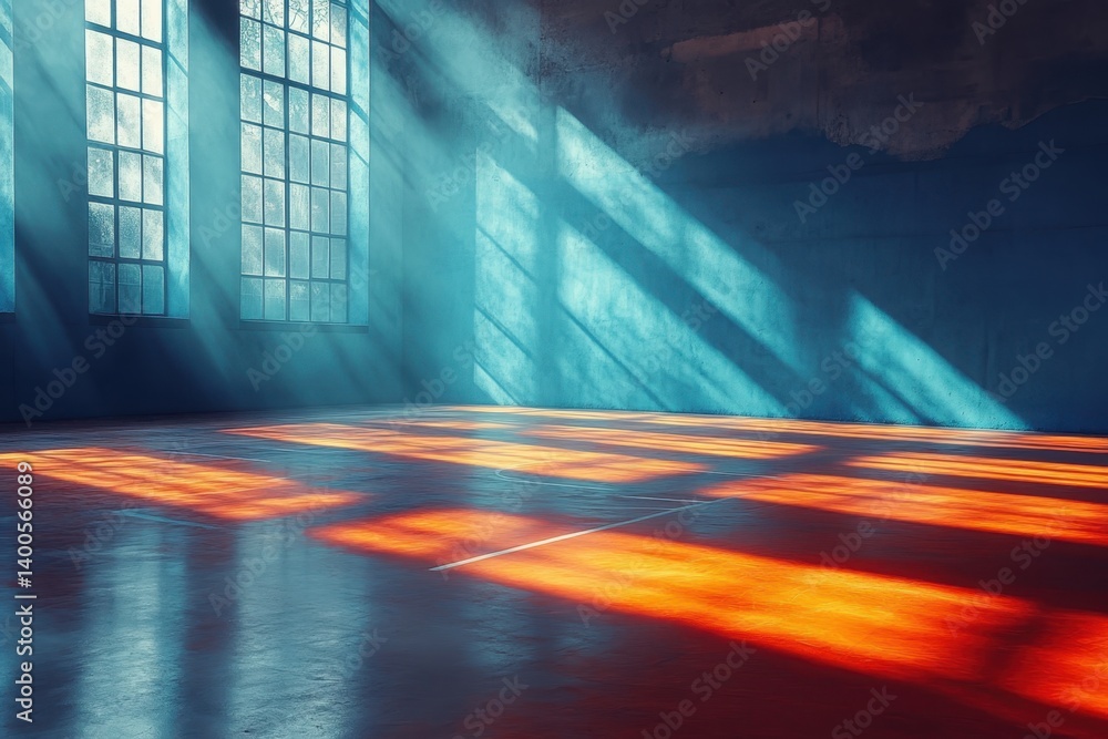 Poster sunlight illuminating a spacious room with colorful shadows during a serene dawn