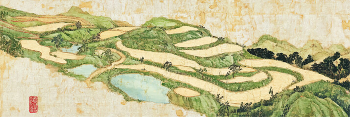 Obraz premium vector illustration of Chinese rice fields painting on old vintage silk paper 