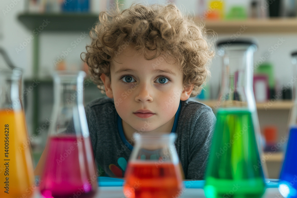 Poster child conducting scientific experiment in laboratory with colorful beakers generative ai
