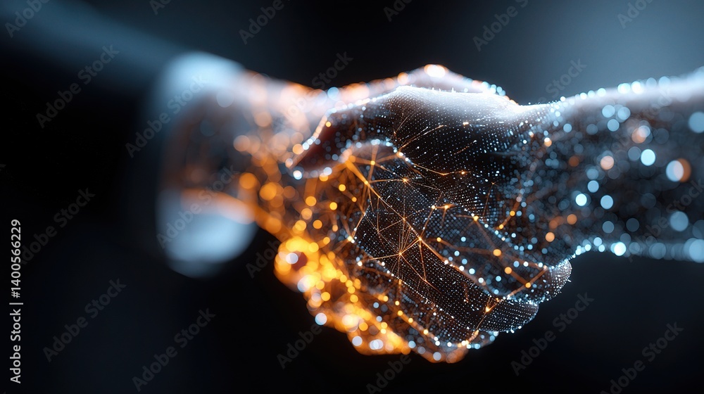 Aufkleber glowing data handshake with double exposure effect for technology themes