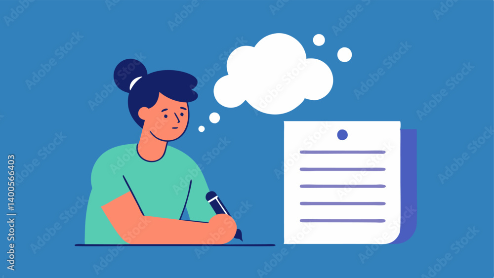Aufkleber commitment a person signing a document or making a promise alongside a thought bubble depicting an u