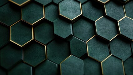 Dark green geometric hexagon tile pattern with gold trim detail.