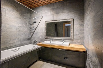 interior apartment room bathroom, sink, decorative elements, toilet