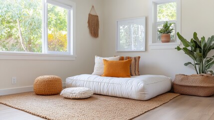 Cozy and Minimalist Indoor Living Space with Natural Elements and Soft Textures