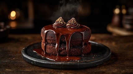 Chocolate lava cake with molten chocolate center, gooey chocolate center spilling out from the cake