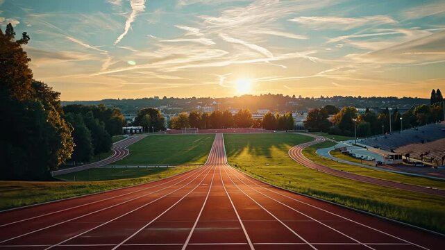 Scenic running track at sunset with city view.