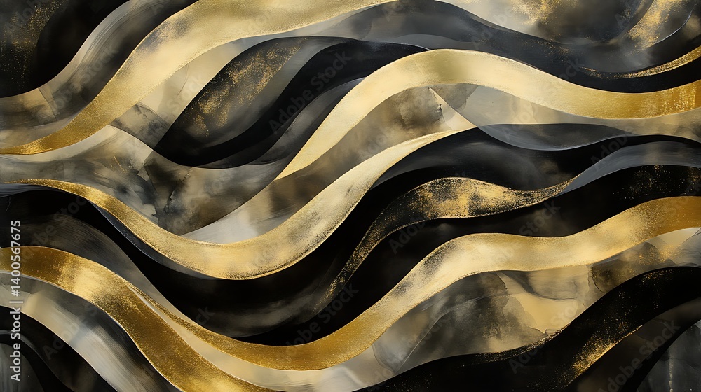 Poster abstract pattern with flowing lines in shades of black and gold, creating a luxurious and dynamic vi
