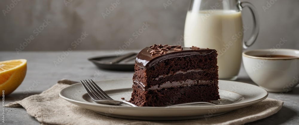 Poster indulgent chocolate cake served with milk and coffee on a rustic table with a slice of lemon at an a