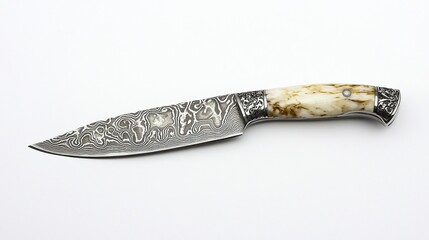 Ornate damascus steel knife with bone handle. © Melll
