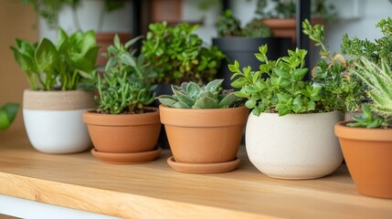 Lush Indoor Plants in Modern Terracotta and Ceramic Pots on Wooden Shelf
