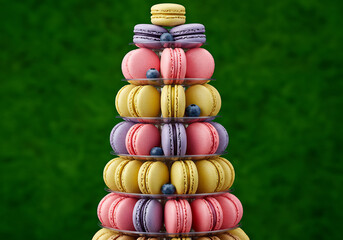 Colorful Macaron Tower on Green Background