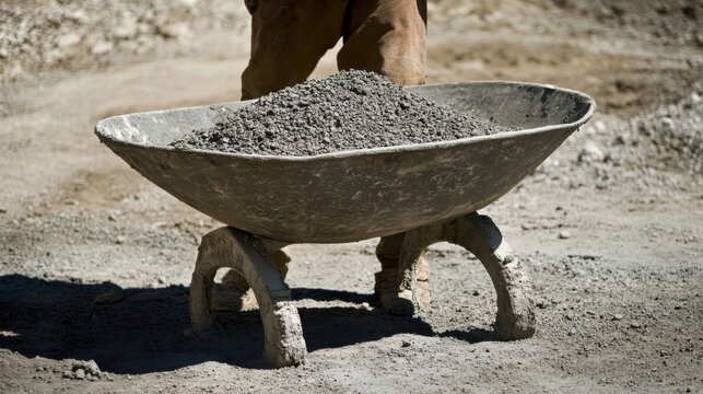 Construction worker mixing cement in a wheelbarrow. Featuring effort and teamwork