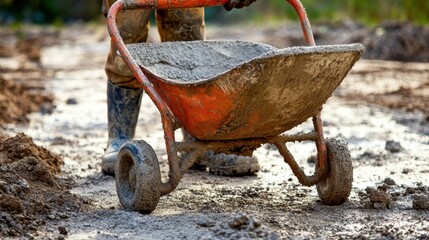 Construction worker mixing cement in a wheelbarrow. Featuring effort and teamwork