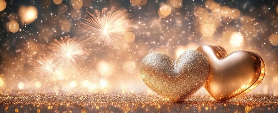 Valentine's Day Romantic Gold Hearts Fireworks Shimmering Background Celebration Party - Powered by Adobe