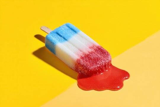 Red white and blue popsicle melting on a bright yellow background with vivid red syrup dripping. Great for summer visuals, creative food photography, and bold minimalist concepts.