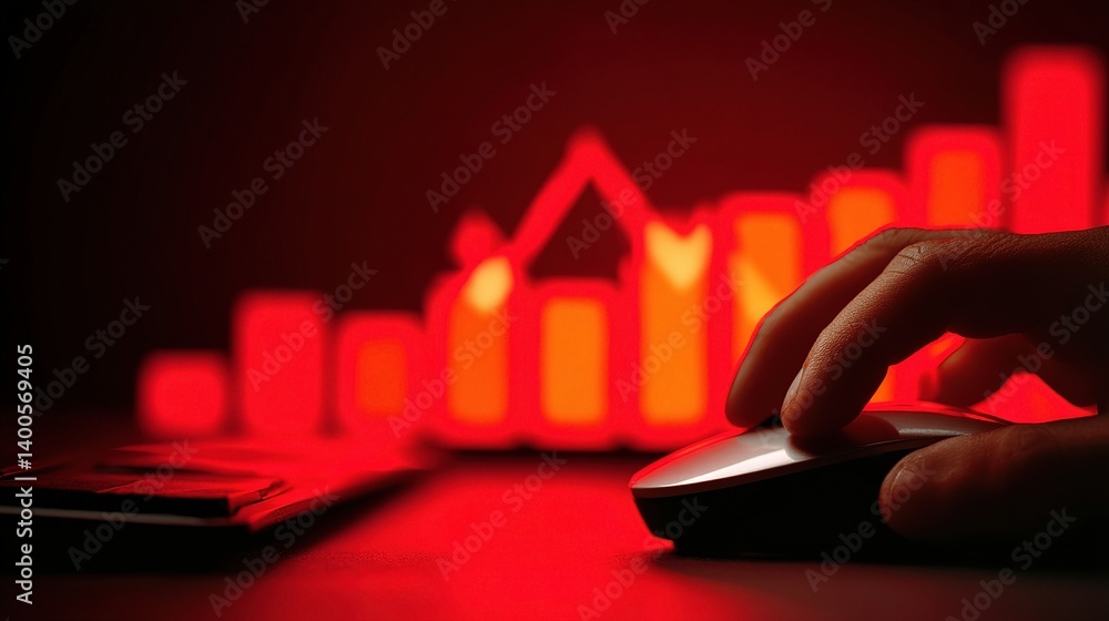 Poster hand on computer mouse next to glowing red chart of declining data