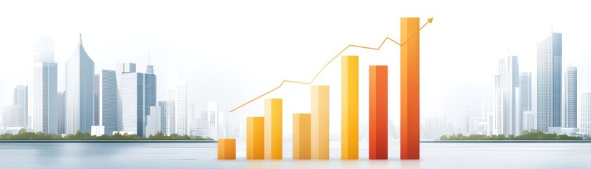 Naklejka premium A sleek city skyline with rising bar graphs represents growth and progress in business and finance.