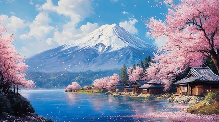 Hyper-realistic oil painting of Mount Fuji, cherry blossoms in full bloom covering the foreground, the blue sky dotted with wispy clouds, vibrant pink petals floating on a gentle breeze,