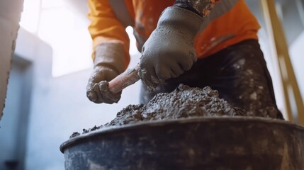 Construction worker mixing cement with a trowel. Featuring hard work and construction skills