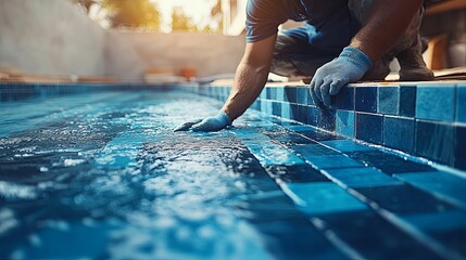 A worker inspects the tile work around a swimming pool's edge.